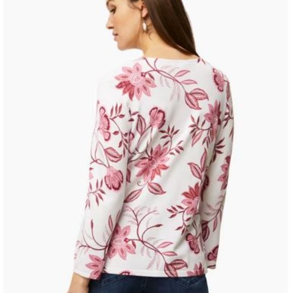 LAURA:  Boat Neck Floral Motif Sweater - white with fushia print - Picture 3 of 8